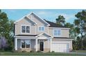 Two-story home with gray siding, black roof, white trim, a covered front porch, and an attached two-car garage at 309 Umstead St, Sanford, NC 27330