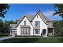 Stunning exterior elevation of a new construction house with a grey roof, light stone, and large windows at 211 Meadow Walk Dr, Fuquay Varina, NC 27526