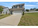 Charming two-story home with gray siding, black shutters, a two-car garage, and a well-manicured lawn at 50 Fontaine Dr, Franklinton, NC 27525