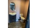 A bathroom has a unique oval mirror, sleek vanity, and a classic white toilet against soft pink walls at 1204 Avondale Dr, Burlington, NC 27217