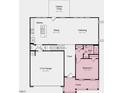 First floor plan featuring kitchen, dining room, living room, bedroom, bathroom, 2-car garage and outdoor living space at 627 Contento Ct, Sanford, NC 27330
