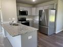 Modern kitchen features gray cabinets, stainless steel appliances, a granite countertop island, and vinyl flooring at 181 Pate Landing Dr, Selma, NC 27576