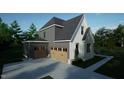 Side view of a modern home with a gray exterior, two-car garage, and driveway at 1104 Tobacco Row Ct, Zebulon, NC 27597