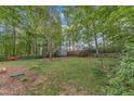 Lush backyard featuring mature trees, a storage shed, and a mix of grassy and mulched areas at 2409 Parkway Dr, Raleigh, NC 27603