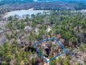 Beautiful aerial view of the property, surrounded by mature trees and a lake at 748 Shady Lawn Rd, Chapel Hill, NC 27514