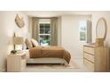 Bright bedroom with a large window, neutral decor, bedside table and decorative wall mirror at 1006 Sora Way, Durham, NC 27703