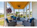 Inviting screened-in porch with comfortable seating, a ceiling fan, and a view of the backyard at 23 Tullamore Ln, Four Oaks, NC 27524