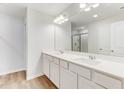 This primary bathroom features double sinks, granite countertops, a large mirror and a walk-in shower at 2004 Regal Dr # 86, Durham, NC 27703