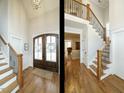 Inviting foyer with soaring ceilings, elegant hardwood floors, and a staircase with decorative iron railings at 429 Teague St, Wake Forest, NC 27587