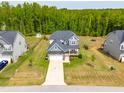 Aerial view of a lovely two-story home with a big yard surrounded by trees in a Gathering-friendly neighborhood at 201 Northview Dr, Middlesex, NC 27557