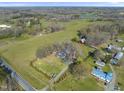 A landscape aerial view of a farmhouse estate with pond, fields, and barn at 7055 Old 421 Rd, Liberty, NC 27298