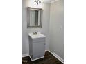 Bathroom featuring a silver framed mirror over a gray vanity with wood-look flooring at 1960 Brogden Rd, Smithfield, NC 27577