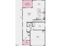 Detailed first-floor floor plan of a home showing the layout of the kitchen, gathering room, flex space and the garage at 136 Blue Butterfly Dr, Angier, NC 27501