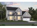 Charming two-story home with stone accents, gray siding, and a well-manicured lawn, complemented by elegant outdoor lighting at 1220 Opal Ln # 89, Durham, NC 27705