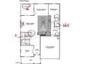 First-floor plan featuring a two-car garage, open kitchen and dining, great room, study, and a bedroom with bathroom at 2004 Skipping Stone Dr # 165, Durham, NC 27705