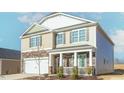 Attractive two-story home with stone accents, siding, and a covered front porch with white pillars at 2561 Summersby Dr, Mebane, NC 27302