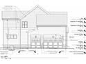 Detailed elevation showing a two-story home with a two-car garage and various material specifications at 3004 Hickory Rd, Raleigh, NC 27616