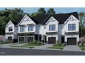 New construction townhomes with white siding, black accents, and attached garages at 4093 Elk Crk Ln, Raleigh, NC 27612