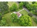 A high aerial view showcasing the property's location and lush surroundings at 524 N Occoneechee St, Hillsborough, NC 27278