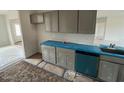 Bright kitchen with stainless steel sink, modern grey cabinets, and blue accents at 30 Olivia Crossing Ct, Smithfield, NC 27577