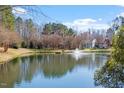 Scenic view of the community pond with a fountain, surrounded by lush greenery and mature trees at 205 Caniff Ln, Cary, NC 27519
