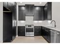 Contemporary kitchen featuring stainless steel appliances, white quartz countertops, and stylish black cabinets at 226 Woodsborough Pl, Raleigh, NC 27601