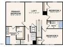 Second floor plan features primary bedroom with en-suite bath, bedrooms 3 & 4, loft, bath 3 and laundry at 7550 Tanager Dr, Snow Camp, NC 27349