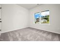 Cozy bedroom with neutral carpet and a large window overlooking the front yard at 4888 Pioneer Dr, Sanford, NC 27330