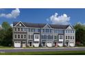 Charming row of townhouses with unique color schemes, attached garages, and neat landscaping under a blue sky at 1364 Chowan Ave, Durham, NC 27713