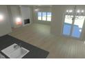 Open floor plan with fireplace, hardwood floors, many windows and modern lighting at 148 Mohawk Dr, Louisburg, NC 27549