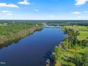 Expansive aerial view of a large lake surrounded by lush greenery and clear blue sky, offering stunning waterfront views at 93 Shoreline Dr, Princeton, NC 27569