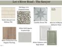 Selection of interior finishes showcasing neutral tones, including tile, carpet, paint, countertops, and cabinet colors at 6312 River Rd, Fuquay Varina, NC 27526