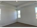Bedroom featuring neutral carpet, tray ceiling, and large windows for ample natural light at 338 Tormore Dr, Homesite 123, Sanford, NC 27330