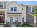Charming two-story home with a modern farmhouse style, featuring a blue front door and stone accents at 3717 Rosebush Dr, Zebulon, NC 27597