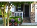 Charming front porch with stone accents, decorative plants and landscaping at 63 Radcliffe Ct, Clayton, NC 27527