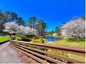 Scenic view of the lake surrounded by white flowering trees and lush landscaping at 112 Parkmeadow Dr, Cary, NC 27519