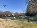 Outdoor tennis court on a sunny day with visible net and fencing, surrounded by trees, perfect for recreation at 421 Glencrest Pl, Chapel Hill, NC 27514