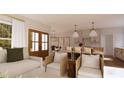Rendering of an open-concept living room with a view of the dining room, kitchen and outdoor scenery at 9235 Bear Run Ln, Middlesex, NC 27557