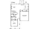 First floor floor plan of a home featuring a Gathering room, kitchen, bedroom, and two car garage at 7569 Percussion Dr, Apex, NC 27539