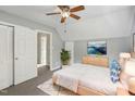Calming bedroom with soft gray walls, natural light, and a comfortable bed with blue accents at 3746 Guess Rd, Durham, NC 27705
