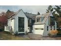 New construction two story home with attached garage and black trim and window frames at 3405 Makers Circle, Raleigh, NC 27612