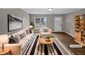 Bright living room with modern decor, featuring a striped rug and comfortable seating at 13 Herndon Ct, Clayton, NC 27520