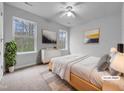 Bright bedroom featuring two large windows, neutral walls, and comfortable contemporary furnishings at 1213 Cotten Farm Dr, Fuquay Varina, NC 27526