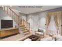 Staged living room showcasing hardwood floors, staircase, and modern furnishings at 9056 Hicksboro Rd, Oxford, NC 27565