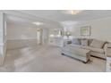 Bright, neutral living room featuring fresh paint, plush carpeting and a sofa with decorative pillows at 913 Ranch Farm Rd, Raleigh, NC 27603