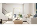 Inviting living room features a comfortable white sectional, textured ottoman, and neutral decor accents at 1755 Barrett Run Trl # 213, Apex, NC 27502