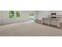 Open-concept living space featuring a seamless transition from carpet to vinyl flooring and abundant natural light at 1152 Solace Way, Rolesville, NC 27571