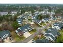 Aerial view of community with mature trees and water feature, showcasing the home's desirable location at 58 Lake Village Drive Dr, Durham, NC 27713