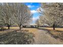 Picturesque view of the property entrance featuring blossoming trees lining a gravel driveway at 71 Oak Trace Dr, Four Oaks, NC 27524