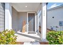 Inviting front entryway showcasing a gray front door, white columns, and a 'Welcome' sign at 244 Mahogany Run, Raleigh, NC 27610